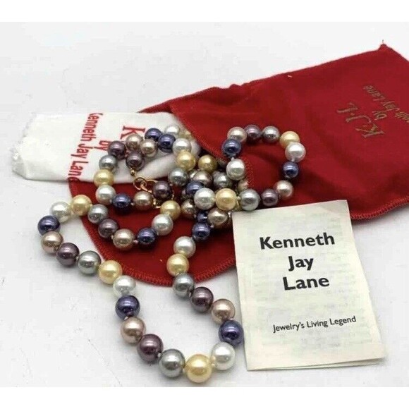 KJL Signed KENNETH JAY LANE Long MultiColor Pastel Lg Faux Pearl Beaded Necklace - Picture 2 of 6